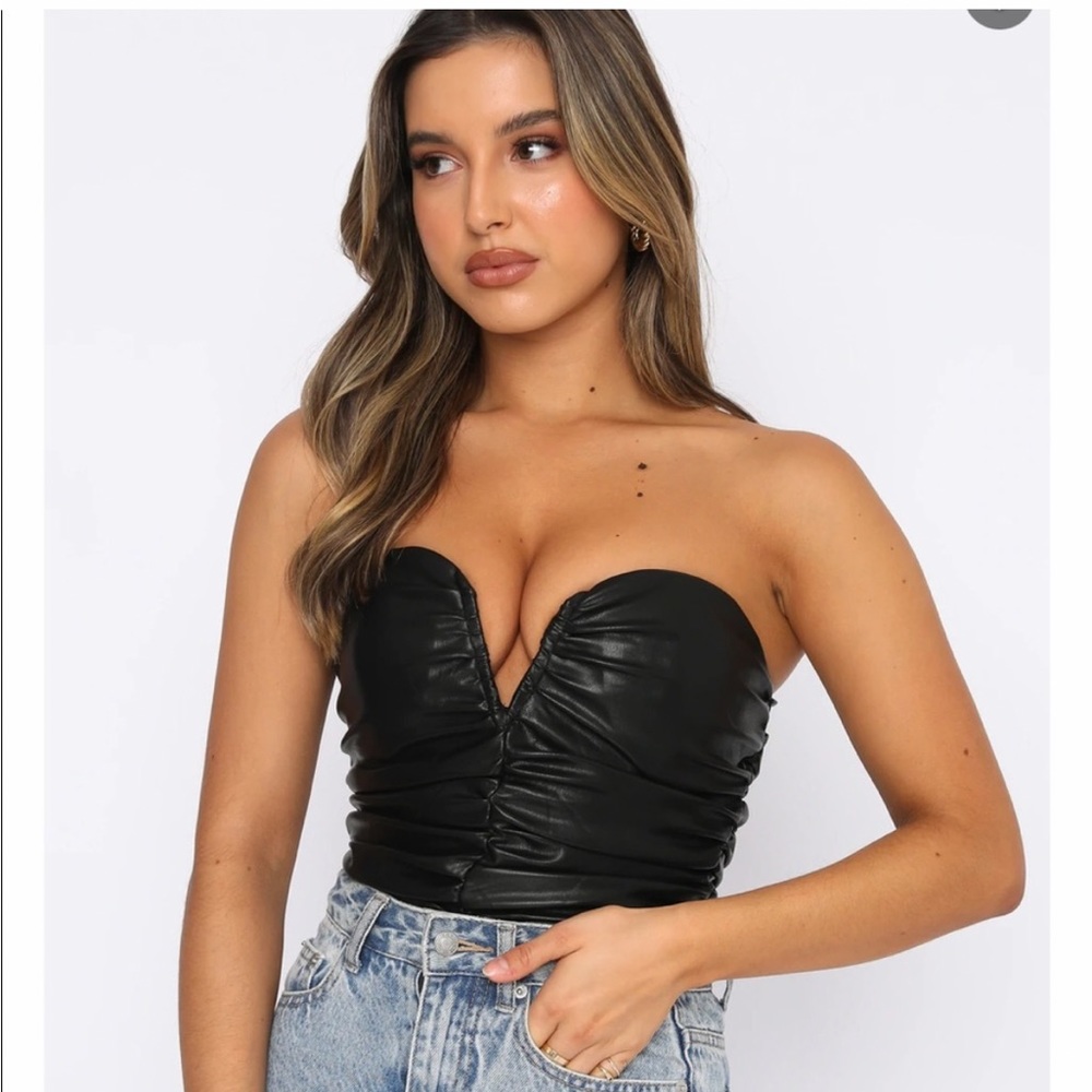 White Fox Black Leather Bustier